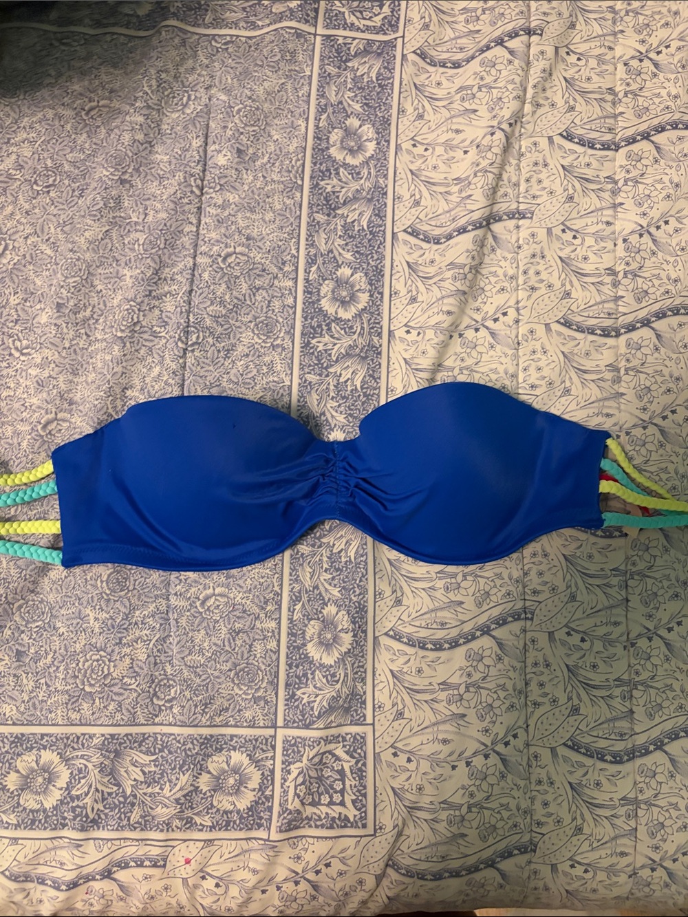 Women’s Strapless Blue Bandeau Swim Top with Braided Side Straps